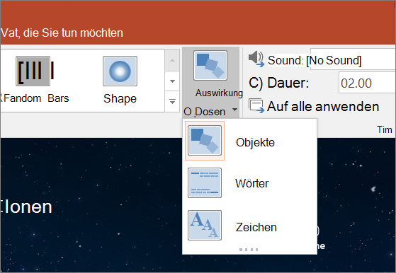 Zeigt Übergangseffektoptionen für den Übergang 