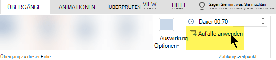 Wählen Sie Auf alle anwenden aus, um den Übergang auf jeder Folie in Ihrer Präsentation zu verwenden.