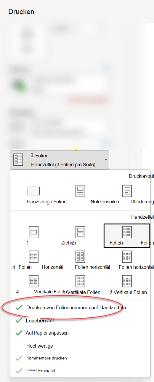 Das Dialogfeld Drucken in PowerPoint mit der Option zum Drucken von Foliennummern auf Handzetteln.