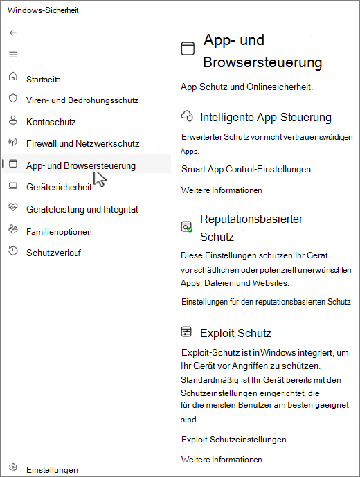 Screenshot der App- und Browsersteuerungsseite der Windows-Sicherheit-App.