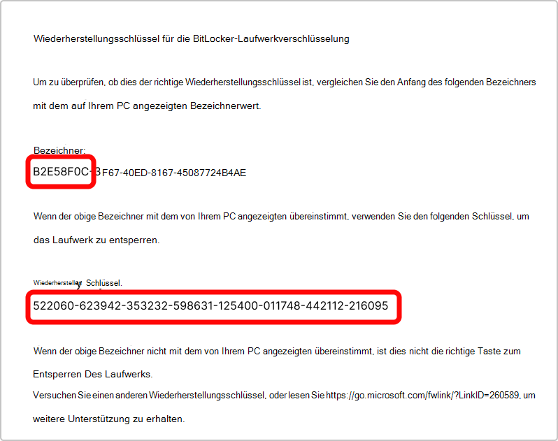 Screenshot des Ausdrucks des BitLocker-Wiederherstellungsschlüssels.