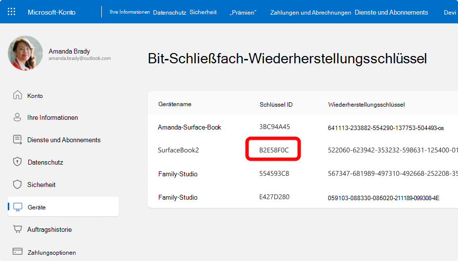 Screenshot der BitLocker-Wiederherstellungsschlüssel für ein Microsoft-Konto.