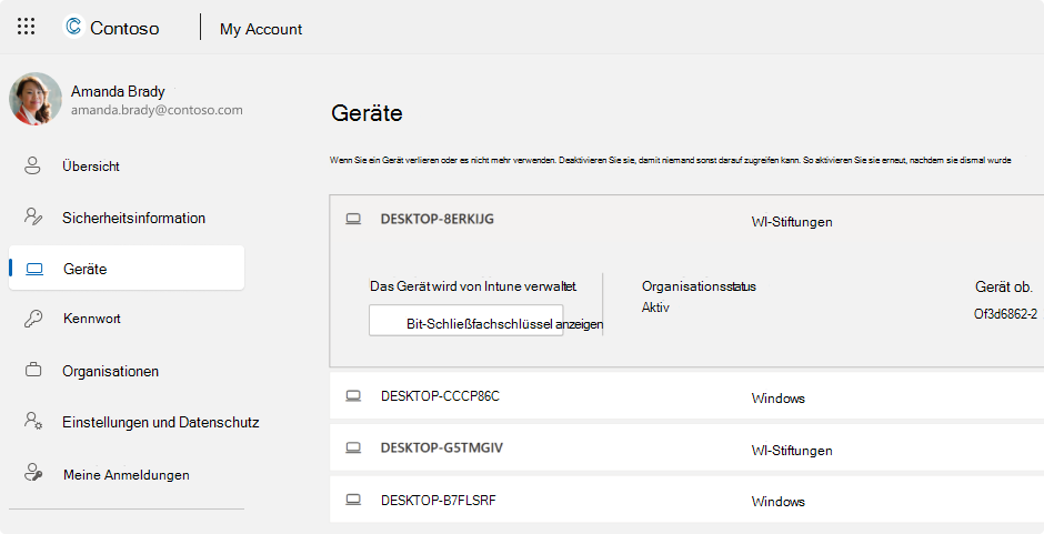 Screenshot der BitLocker-Wiederherstellungsschlüssel für ein Geschäfts-, Schul- oder Unikonto.