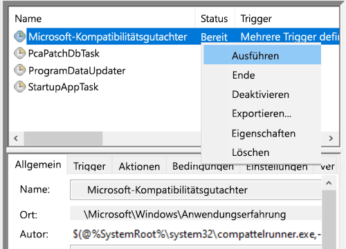 Ausführen von Microsoft Compatibility Appraiser in Taskplaner.