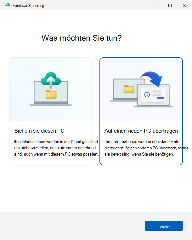 Screenshot der Windows-Sicherung-App mit der Option zum Übertragen von Informationen auf einen neuen PC.