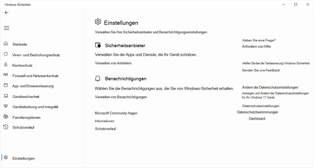 Screenshot der Einstellungsseite der Windows-Sicherheit-App.
