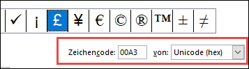 Das Feld von gibt an, dass es sich um ein Unicode-Symbol handelt
