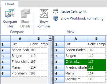 Screenshot, der die Ergebnisse des Arbeitsblattabgleichs mit hinzugefügten und geänderten Datensätzen zeigt.