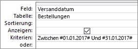 Ein Ausdruck in der Zeile „Kriterien“ des Abfragebereichs