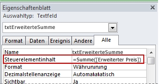 Ein Ausdruck in der Eigenschaft 'Steuerelementinhalt' eines Textfelds