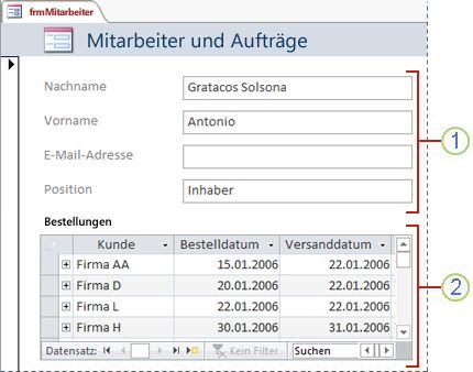 Ein Formular, das ein Unterformular enthält.