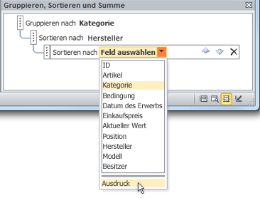 Auswählen der Ausdrucksoption im Bereich „Gruppieren, Sortieren und Summe“