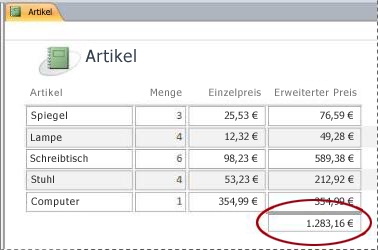 Eine Summe in einem Bericht
