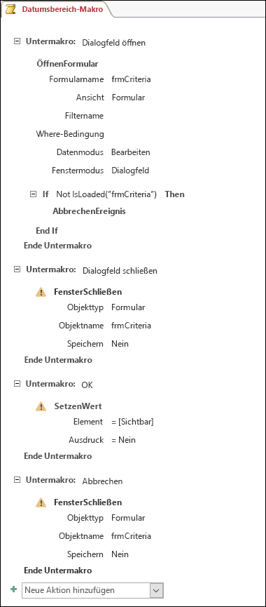 Screenshot eines Access-Makros mit vier Untermakros und Aktionen.