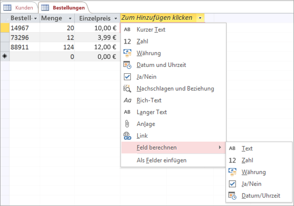 Hinzufügen eines neuen Felds mit dem Datentyp 