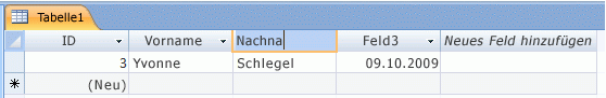 Eingeben eines neuen Feldnamens in der Zugriffstabelle