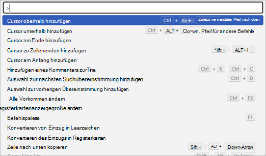 Screenshot mit allen in Monaco verfügbaren Tastenkombinationen