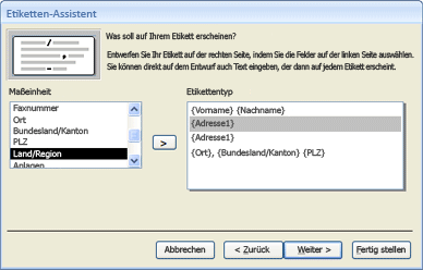 Hinzufügen von Feldern zu einer Etikette im Etiketten-Assistent