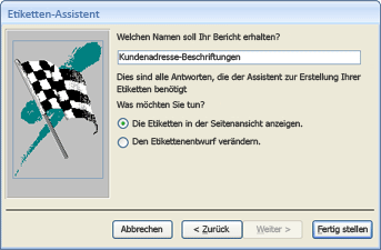 Letzte Seite des Etiketten-Assistenten