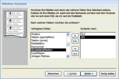 Festlegen der Sortierreihenfolge im Etiketten-Assistenten
