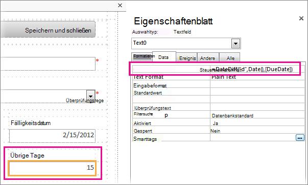 Eingeben der Funktion 'DatDiff' für die Eigenschaft 'Steuerelementinhalt' eines Textfelds