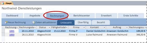 Registerkarte 'Rechnungen' der Datenbankvorlage 'Dienstleistungen'