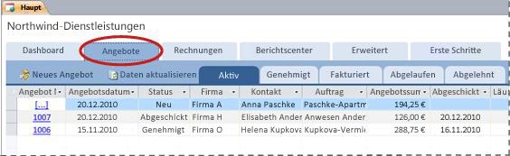 Registerkarte 'Angebote' der Datenbankvorlage 'Dienstleistungen'