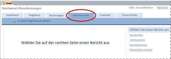 Registerkarte 'Berichtscenter' der Datenbankvorlage 'Dienstleistungen'