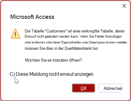 Microsoft Access-Warnungsdialogfeld.
