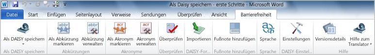 Registerkarte 'Barrierefreiheit' im Menüband mit 'Als DAISY speichern'