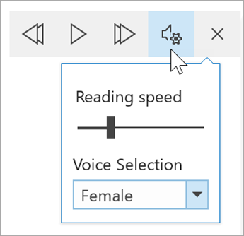 Screenshot der Sprachoptionensymbolleiste für plastischen Reader. Die Maus zeigt die Einstellungen an, um eine Umschaltfläche für die Lesegeschwindigkeit und eine Dropdownliste für die Sprachauswahl anzuzeigen.