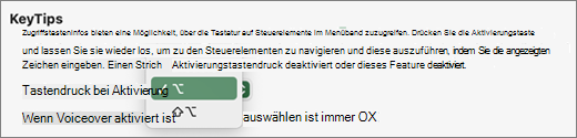 beschriftet. Aktivierungstastenfolge für KeyTips auf Ihrem Mac auswählen
