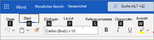 Tasteninfos, die über jeder Option im Menüband in Word für das Web angezeigt werden.