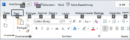 Tasteninfos, die über jeder Option im Menüband in Word angezeigt werden.