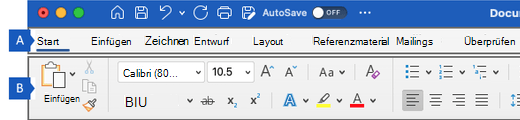 Menüband in Word für Mac mit den Hauptbereichen des Menübands.