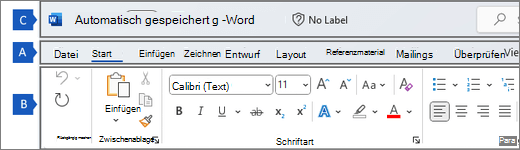Menüband in Word mit den Hauptbereichen des Menübands.