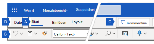 Menüband in Word für das Web mit den vier Hauptbereichen des Menübands.