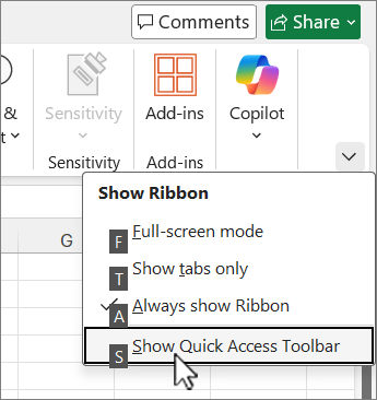 Tastaturbefehl zum Anzeigen der Symbolleiste für den Schnellzugriff