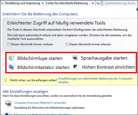 Windows-Dialogfeld 'Center für erleichterte Bedienung', wo Sie Hilfstechnologien auswählen können