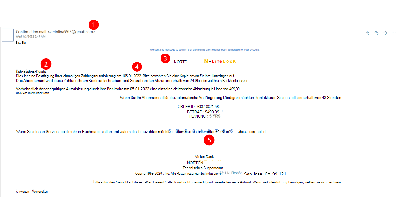 Ein Beispiel für eine Betrugs-E-Mail, die vorgibt, von Norton zu sein.