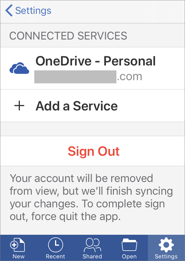 Zeigt die Option zum Abmelden in Office für IOS an.