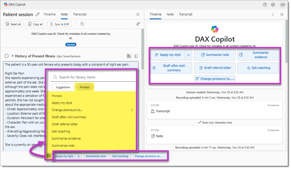 Image highlights DAX Copilot AI Features and prompts in the Library