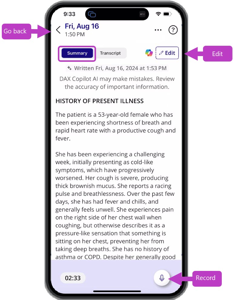 Highlighted with list of options associated Summary tab in mobile appwith