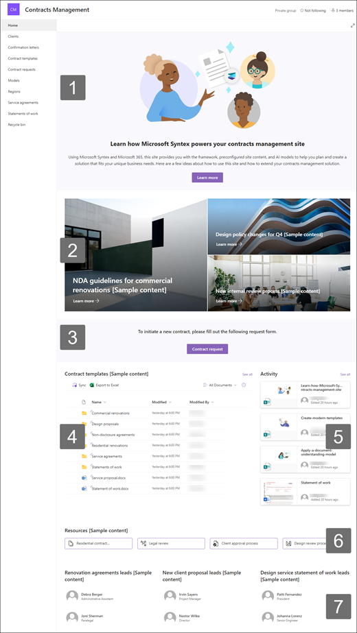 Vorschau der Contracts Management-Websitevorlage mit hervorgehobenen verfügbaren Webparts.