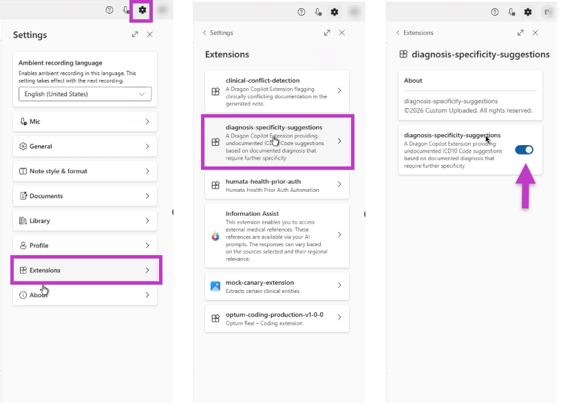 Screenshot des Einstellungsfensters, der die Erweiterung „Empfehlungen zur Diagnosespezifität“ und den Umschalter zeigt.