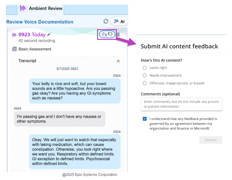 Screenshot, der die Randleiste „Ambiente-Prüfung“ in Hyperspace mit dem hervorgehobenen Feedbacksymbol und einer Einblendung mit dem Feedbackfenster zeigt.