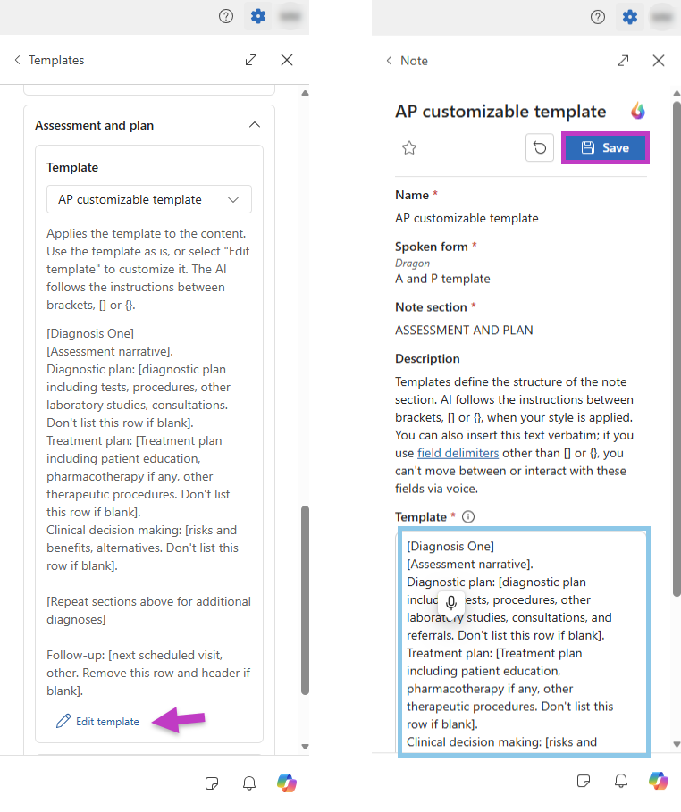 Screenshot des Abschnitts „Weiteres Prozedere“ in Dragon Copilot mit ausgewählter Option „Vorlage bearbeiten“ und hervorgehobener Schaltfläche „Speichern“.