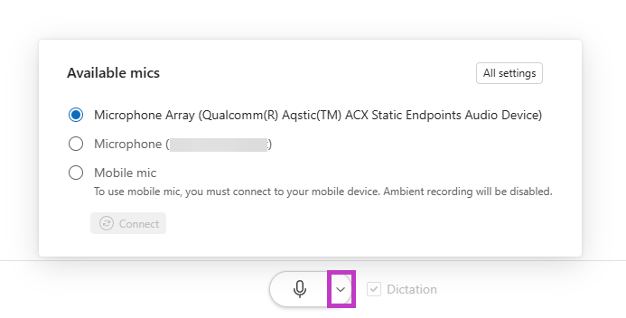 Screenshot der angezeigten Dragon Copilot Mikrofonquellenoptionen und des Dropdownpfeils, um auf die hervorgehobenen Quelloptionen zuzugreifen.
