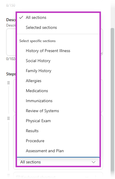 Screenshot des Dropdownmenüs mit Befundabschnitten, die für die Übertragung verfügbar sind, nachdem Befund als Quelle für einen Übertragungsschritt in Workflows in Dragon Copilot ausgewählt wurde, wobei die Optionen für Befundabschnitte hervorgehoben sind.