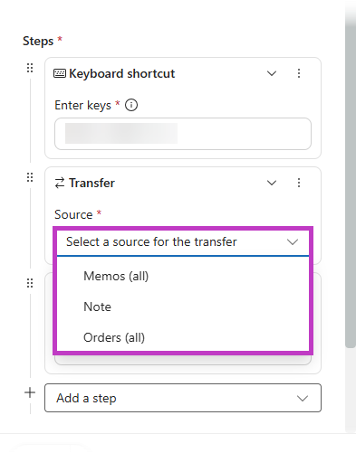 Screenshot des Dropdown-Menüs zur Auswahl einer Quelle für den Transfer-Schritttyp in Workflows in Dragon Copilot, wobei die Quellenoptionen hervorgehoben sind.